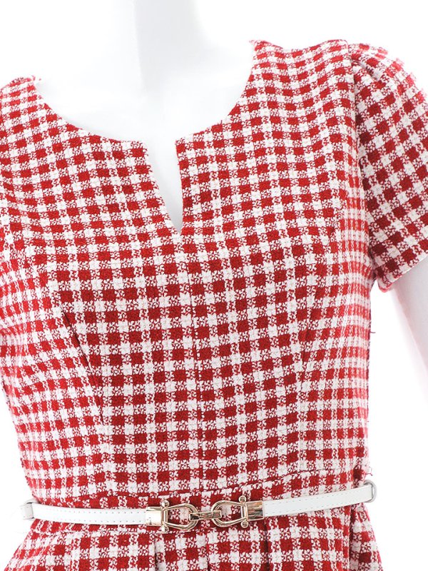 画像16: SALE!レッドスイートツイードフレアーワンピースドレス/ベルト/チェック柄/胸元隠し/背中隠し/フレアー/ミディアムドレス/キャバドレス【S-Lサイズ/1カラー】[HC02-X] 【SB】dzw (16)
