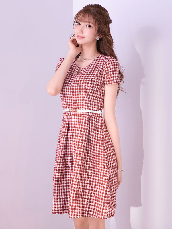 画像4: SALE!レッドスイートツイードフレアーワンピースドレス/ベルト/チェック柄/胸元隠し/背中隠し/フレアー/ミディアムドレス/キャバドレス【S-Lサイズ/1カラー】[HC02-X] 【SB】dzw (4)