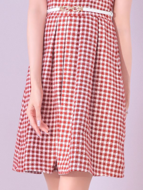 画像6: SALE!レッドスイートツイードフレアーワンピースドレス/ベルト/チェック柄/胸元隠し/背中隠し/フレアー/ミディアムドレス/キャバドレス【S-Lサイズ/1カラー】[HC02-X] 【SB】dzw (6)
