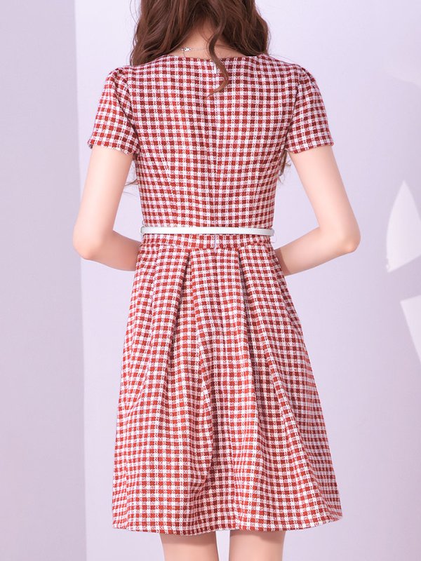 画像7: SALE!レッドスイートツイードフレアーワンピースドレス/ベルト/チェック柄/胸元隠し/背中隠し/フレアー/ミディアムドレス/キャバドレス【S-Lサイズ/1カラー】[HC02-X] 【SB】dzw (7)