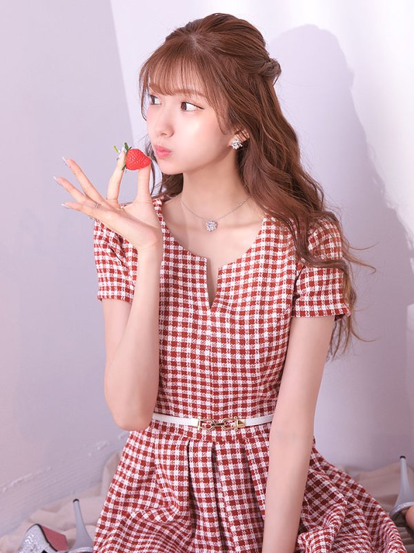 画像9: SALE!レッドスイートツイードフレアーワンピースドレス/ベルト/チェック柄/胸元隠し/背中隠し/フレアー/ミディアムドレス/キャバドレス【S-Lサイズ/1カラー】[HC02-X] 【SB】dzw (9)