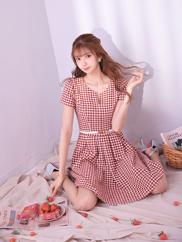 画像10: SALE!レッドスイートツイードフレアーワンピースドレス/ベルト/チェック柄/胸元隠し/背中隠し/フレアー/ミディアムドレス/キャバドレス【S-Lサイズ/1カラー】[HC02-X] 【SB】dzw (10)