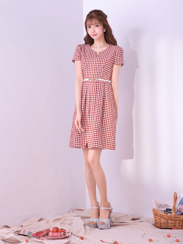 画像12: SALE!レッドスイートツイードフレアーワンピースドレス/ベルト/チェック柄/胸元隠し/背中隠し/フレアー/ミディアムドレス/キャバドレス【S-Lサイズ/1カラー】[HC02-X] 【SB】dzw (12)