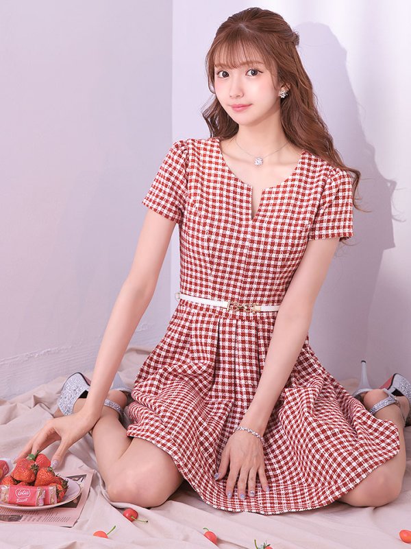 画像13: SALE!レッドスイートツイードフレアーワンピースドレス/ベルト/チェック柄/胸元隠し/背中隠し/フレアー/ミディアムドレス/キャバドレス【S-Lサイズ/1カラー】[HC02-X] 【SB】dzw (13)