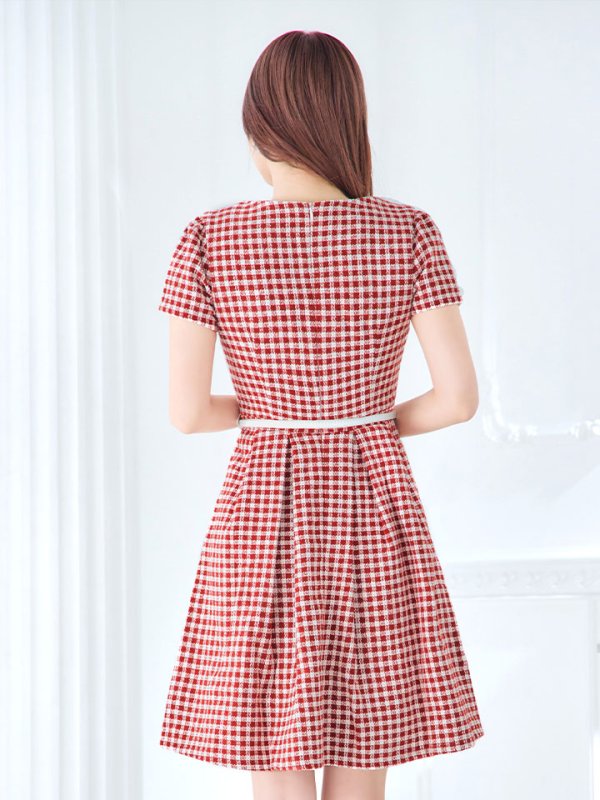 画像10: SALE!レッドスイートツイードフレアーワンピースドレス/ベルト/チェック柄/胸元隠し/背中隠し/フレアー/ミディアムドレス/キャバドレス【S-Lサイズ/1カラー】[HC02-X] 【SB】dzw (10)