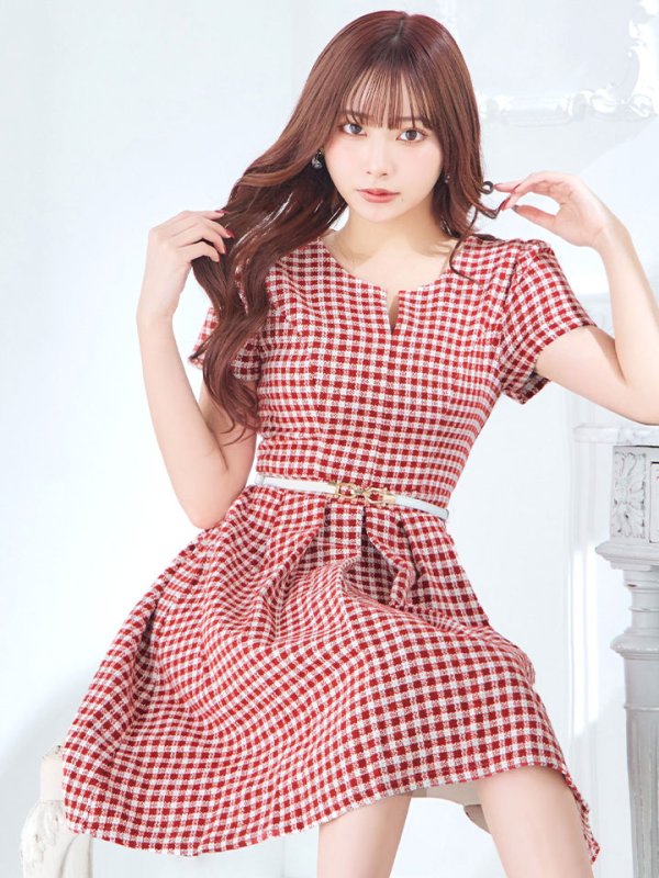 画像3: SALE!レッドスイートツイードフレアーワンピースドレス/ベルト/チェック柄/胸元隠し/背中隠し/フレアー/ミディアムドレス/キャバドレス【S-Lサイズ/1カラー】[HC02-X] 【SB】dzw (3)