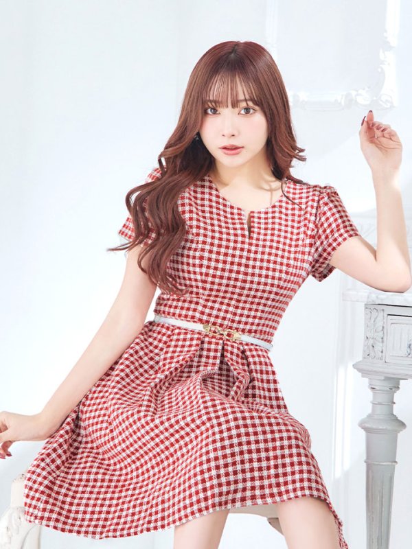 画像4: SALE!レッドスイートツイードフレアーワンピースドレス/ベルト/チェック柄/胸元隠し/背中隠し/フレアー/ミディアムドレス/キャバドレス【S-Lサイズ/1カラー】[HC02-X] 【SB】dzw (4)