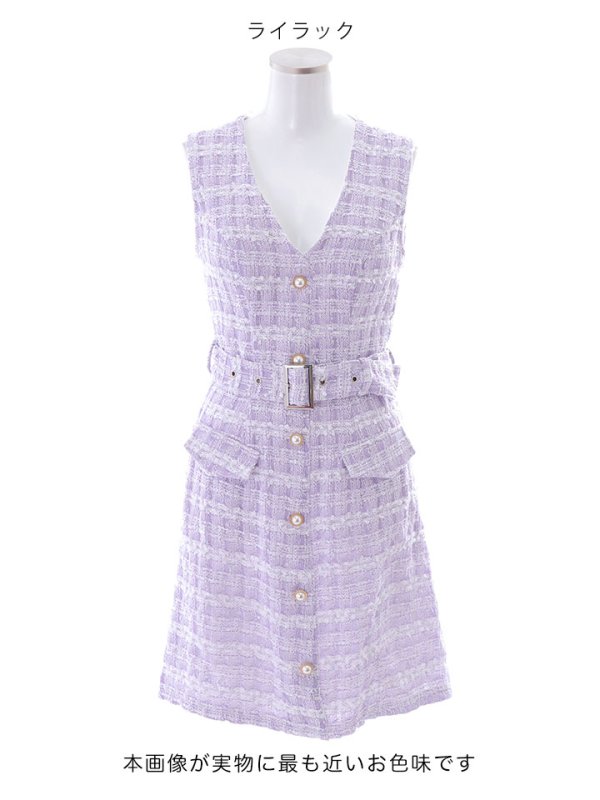 画像13: SALE!ツイードチェックミニワンピース/Aライン/ノースリーブ/フェイクポケット/パールボタン/ベルト/背中隠し/ミニドレス/キャバドレス 【S-Mサイズ/1カラー】[HC02]【SB】dzw (13)