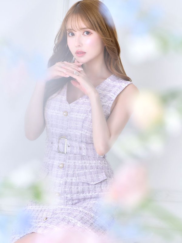 画像4: SALE!ツイードチェックミニワンピース/Aライン/ノースリーブ/フェイクポケット/パールボタン/ベルト/背中隠し/ミニドレス/キャバドレス 【S-Mサイズ/1カラー】[HC02]【SB】dzw (4)