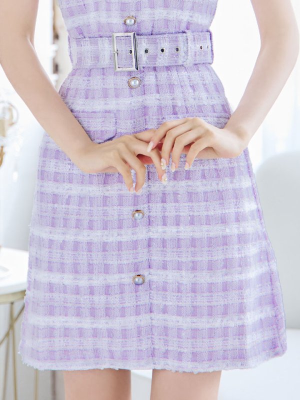 画像6: SALE!ツイードチェックミニワンピース/Aライン/ノースリーブ/フェイクポケット/パールボタン/ベルト/背中隠し/ミニドレス/キャバドレス 【S-Mサイズ/1カラー】[HC02]【SB】dzw (6)