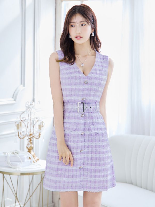 画像11: SALE!ツイードチェックミニワンピース/Aライン/ノースリーブ/フェイクポケット/パールボタン/ベルト/背中隠し/ミニドレス/キャバドレス 【S-Mサイズ/1カラー】[HC02]【SB】dzw (11)