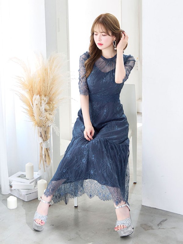 画像9: SALE!【sifeel/シフィール】総レースフェミニンワンピースドレス/フレアー/胸元隠し/ミディアムドレス/キャバドレス【S-Lサイズ/2カラー】[HC02] 【SB】dzw (9)