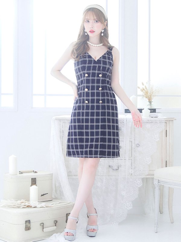 画像2: SALE!チェック柄タイトミニドレス/ダブルボタン/ノースリーブ/金ボタン/谷間見せ/背中見せ/ミニドレス/キャバドレス 【S-Mサイズ/1カラー】[HC02] 【SB】dzw (2)