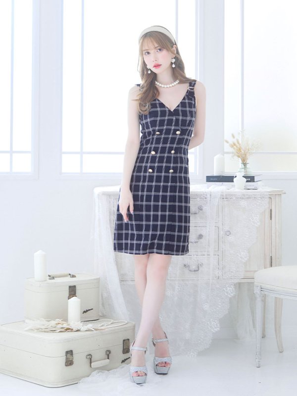 画像8: SALE!チェック柄タイトミニドレス/ダブルボタン/ノースリーブ/金ボタン/谷間見せ/背中見せ/ミニドレス/キャバドレス 【S-Mサイズ/1カラー】[HC02] 【SB】dzw (8)