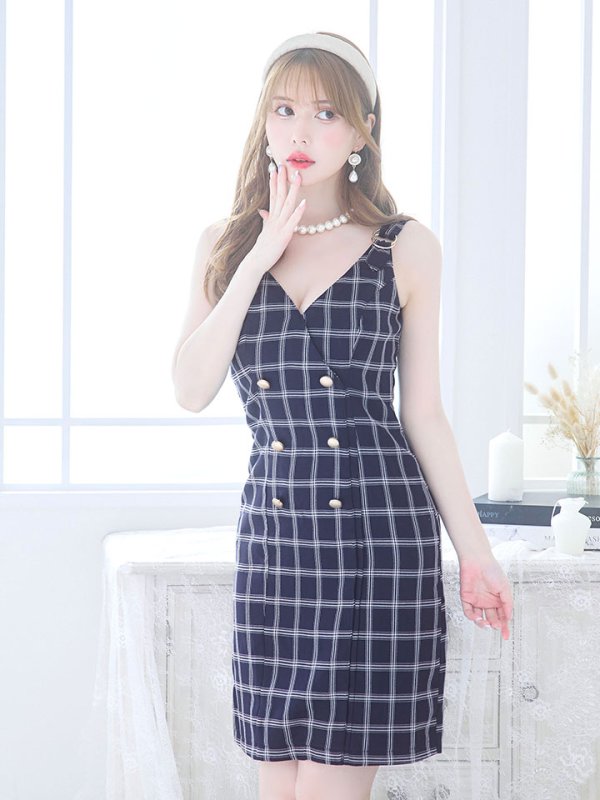 画像9: SALE!チェック柄タイトミニドレス/ダブルボタン/ノースリーブ/金ボタン/谷間見せ/背中見せ/ミニドレス/キャバドレス 【S-Mサイズ/1カラー】[HC02] 【SB】dzw (9)