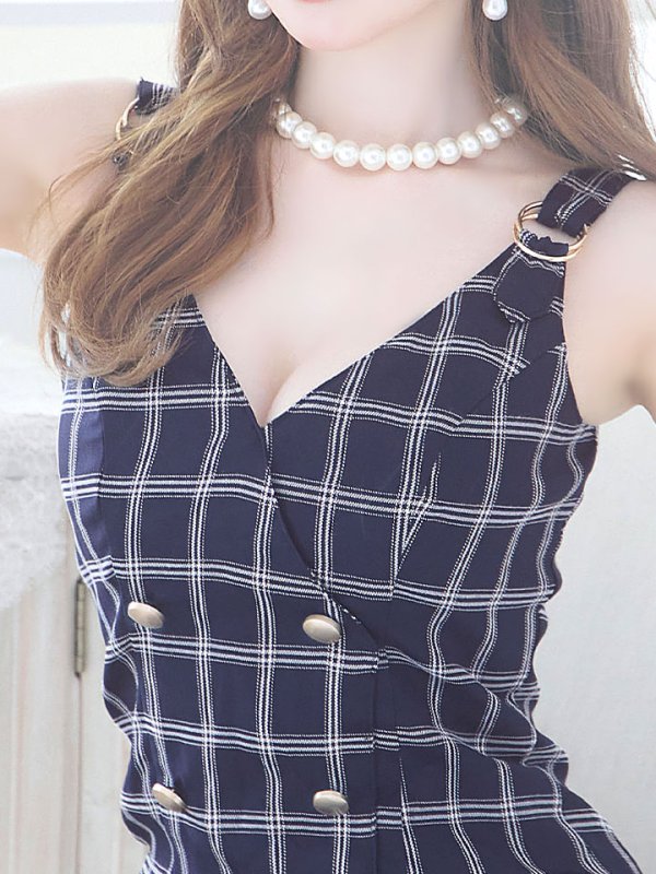 画像10: SALE!チェック柄タイトミニドレス/ダブルボタン/ノースリーブ/金ボタン/谷間見せ/背中見せ/ミニドレス/キャバドレス 【S-Mサイズ/1カラー】[HC02] 【SB】dzw (10)