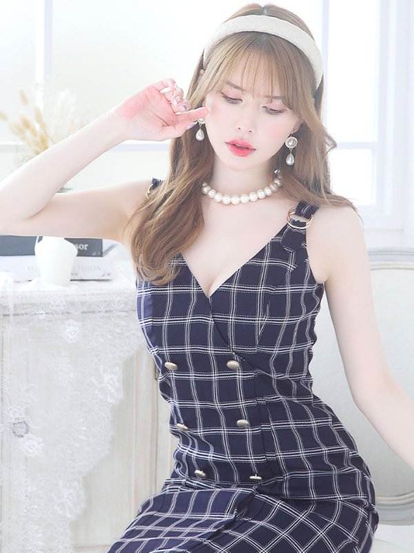 画像7: SALE!チェック柄タイトミニドレス/ダブルボタン/ノースリーブ/金ボタン/谷間見せ/背中見せ/ミニドレス/キャバドレス 【S-Mサイズ/1カラー】[HC02] 【SB】dzw (7)