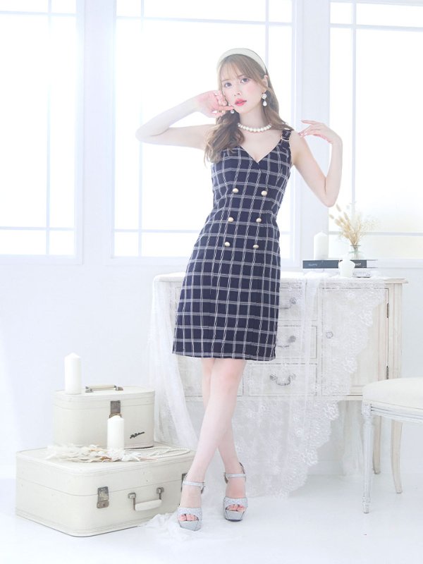 画像5: SALE!チェック柄タイトミニドレス/ダブルボタン/ノースリーブ/金ボタン/谷間見せ/背中見せ/ミニドレス/キャバドレス 【S-Mサイズ/1カラー】[HC02] 【SB】dzw (5)