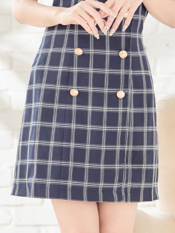 画像5: SALE!チェック柄タイトミニドレス/ダブルボタン/ノースリーブ/金ボタン/谷間見せ/背中見せ/ミニドレス/キャバドレス 【S-Mサイズ/1カラー】[HC02] 【SB】dzw (5)