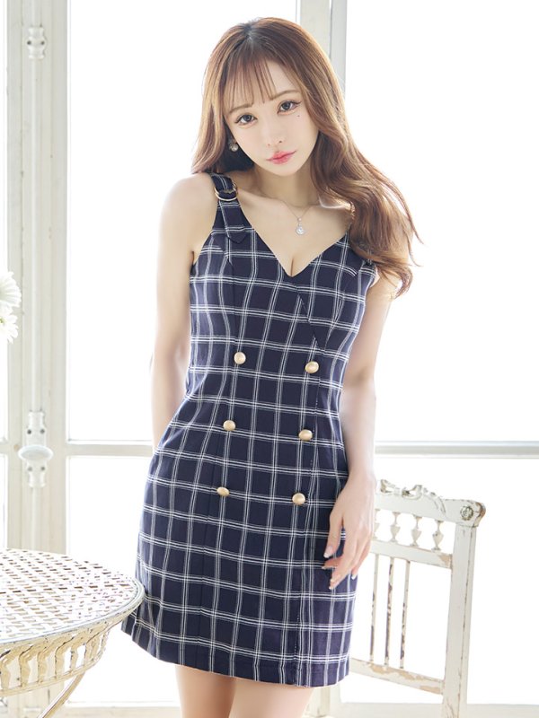 画像4: SALE!チェック柄タイトミニドレス/ダブルボタン/ノースリーブ/金ボタン/谷間見せ/背中見せ/ミニドレス/キャバドレス 【S-Mサイズ/1カラー】[HC02] 【SB】dzw (4)