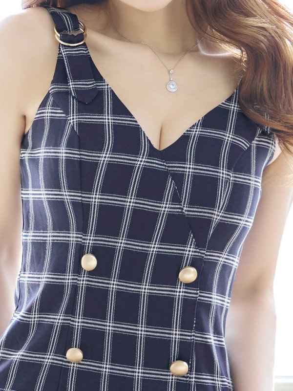 画像5: SALE!チェック柄タイトミニドレス/ダブルボタン/ノースリーブ/金ボタン/谷間見せ/背中見せ/ミニドレス/キャバドレス 【S-Mサイズ/1カラー】[HC02] 【SB】dzw (5)