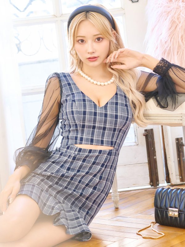 画像1: SALE!チェック柄マーメイドドレス/チェック柄/刺繍/チュール袖/谷間見せ/背中見せ/ミニドレス/キャバドレス【S-Mサイズ/1カラー】[HC02] 【SB】dzwj (1)