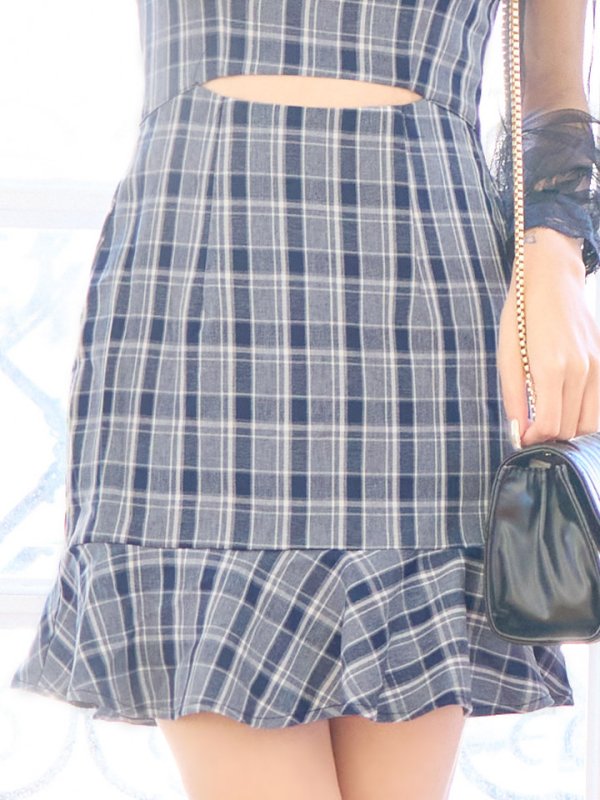 画像14: SALE!チェック柄マーメイドドレス/チェック柄/刺繍/チュール袖/谷間見せ/背中見せ/ミニドレス/キャバドレス【S-Mサイズ/1カラー】[HC02] 【SB】dzwj (14)