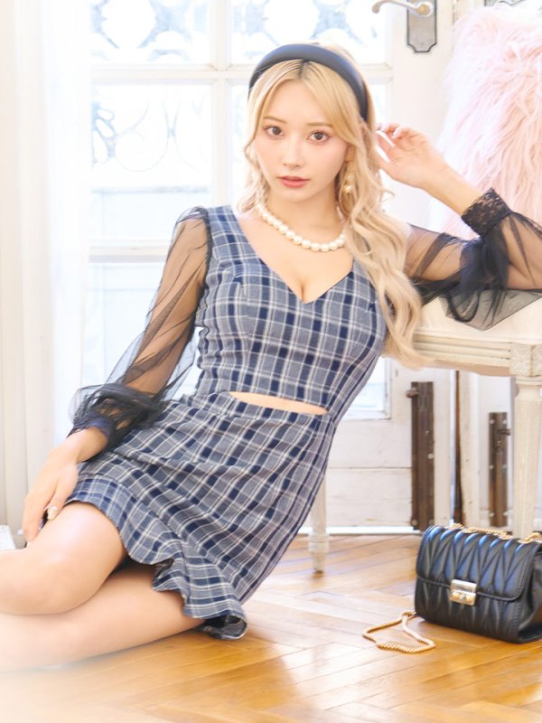 画像5: SALE!チェック柄マーメイドドレス/チェック柄/刺繍/チュール袖/谷間見せ/背中見せ/ミニドレス/キャバドレス【S-Mサイズ/1カラー】[HC02] 【SB】dzwj (5)