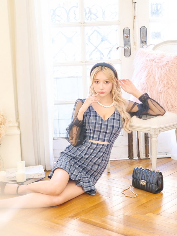 画像10: SALE!チェック柄マーメイドドレス/チェック柄/刺繍/チュール袖/谷間見せ/背中見せ/ミニドレス/キャバドレス【S-Mサイズ/1カラー】[HC02] 【SB】dzwj (10)