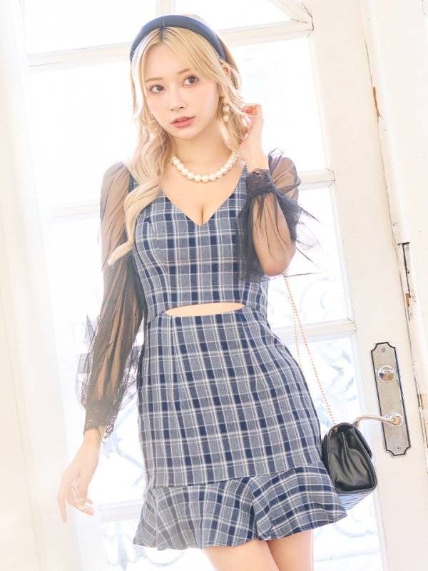 画像2: SALE!チェック柄マーメイドドレス/チェック柄/刺繍/チュール袖/谷間見せ/背中見せ/ミニドレス/キャバドレス【S-Mサイズ/1カラー】[HC02] 【SB】dzwj (2)