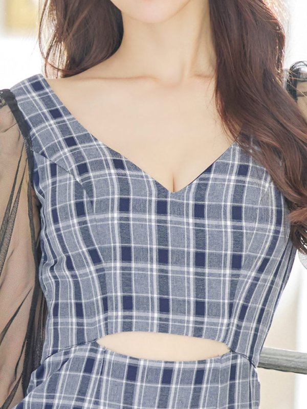 画像6: SALE!チェック柄マーメイドドレス/チェック柄/刺繍/チュール袖/谷間見せ/背中見せ/ミニドレス/キャバドレス【S-Mサイズ/1カラー】[HC02] 【SB】dzwj (6)