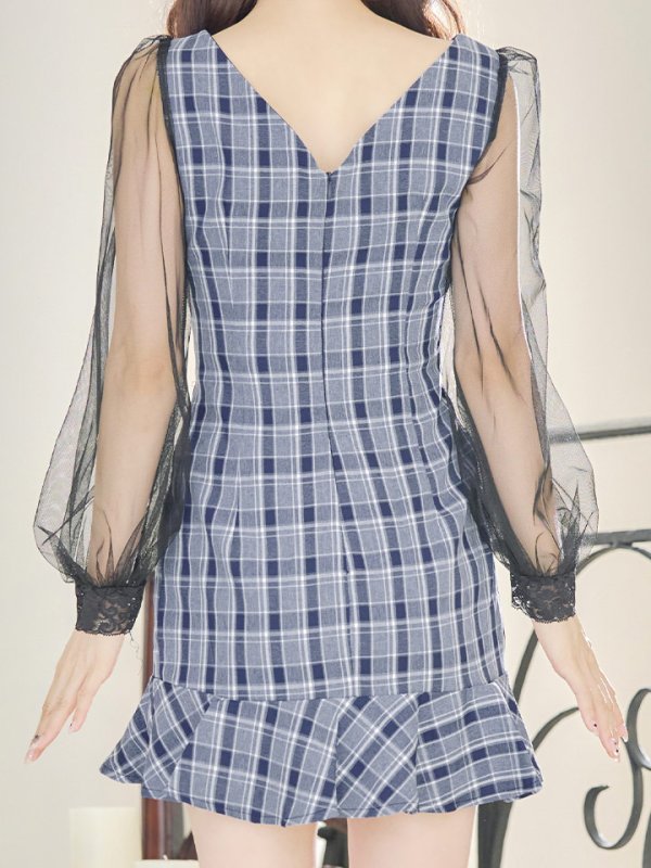 画像8: SALE!チェック柄マーメイドドレス/チェック柄/刺繍/チュール袖/谷間見せ/背中見せ/ミニドレス/キャバドレス【S-Mサイズ/1カラー】[HC02] 【SB】dzwj (8)