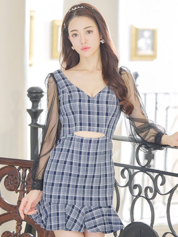 画像13: SALE!チェック柄マーメイドドレス/チェック柄/刺繍/チュール袖/谷間見せ/背中見せ/ミニドレス/キャバドレス【S-Mサイズ/1カラー】[HC02] 【SB】dzwj (13)