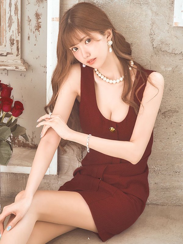 画像1: SALE!バーガンディドレス/ラウンドネック/ノースリーブ/ボタン/谷間見せ/ミニドレス/キャバドレス【S-Lサイズ/1カラー】[HC02] 【SB】dzc (1)