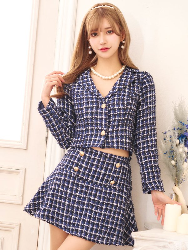ネイビー ジャケット付き チェック柄ドレスanyFAM SALE!ネイビーツイードジャケットセットアップドレス/ローライズ