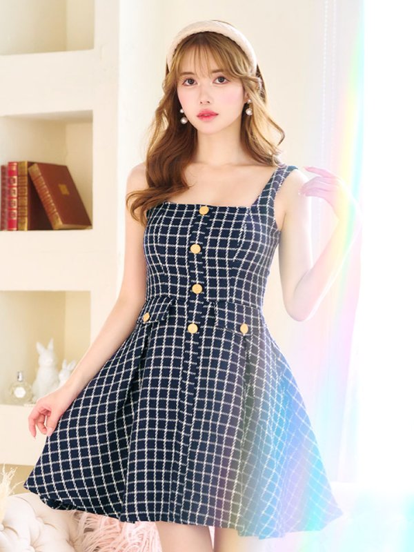 画像4: SALE!チェックドレス/ボタン/ノースリーブ/金ボタン/フレア/Aライン/谷間見せ/背中見せ/ミニドレス/キャバドレス【S-Lサイズ/1カラー】[HC02] 【SB】dzw (4)
