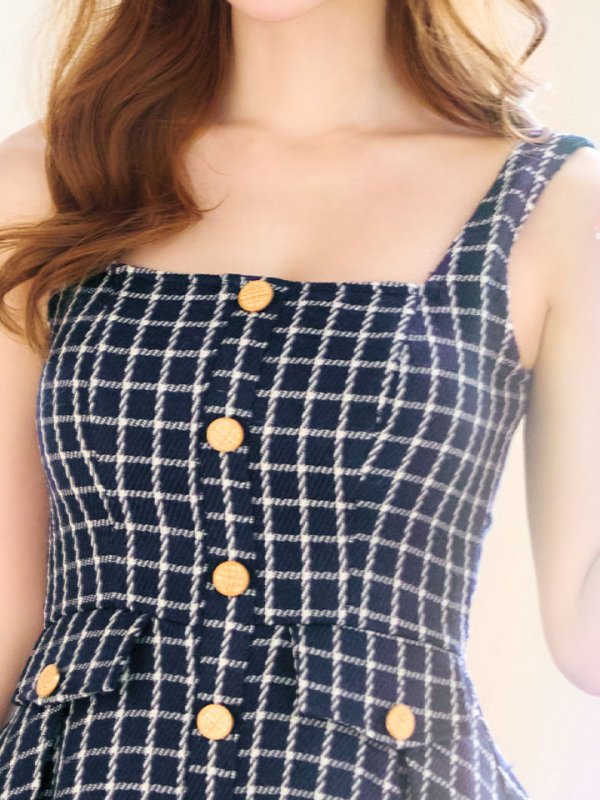 画像13: SALE!チェックドレス/ボタン/ノースリーブ/金ボタン/フレア/Aライン/谷間見せ/背中見せ/ミニドレス/キャバドレス【S-Lサイズ/1カラー】[HC02] 【SB】dzw (13)