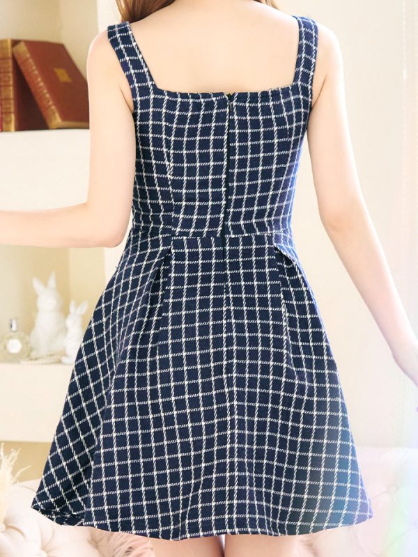 画像15: SALE!チェックドレス/ボタン/ノースリーブ/金ボタン/フレア/Aライン/谷間見せ/背中見せ/ミニドレス/キャバドレス【S-Lサイズ/1カラー】[HC02] 【SB】dzw (15)