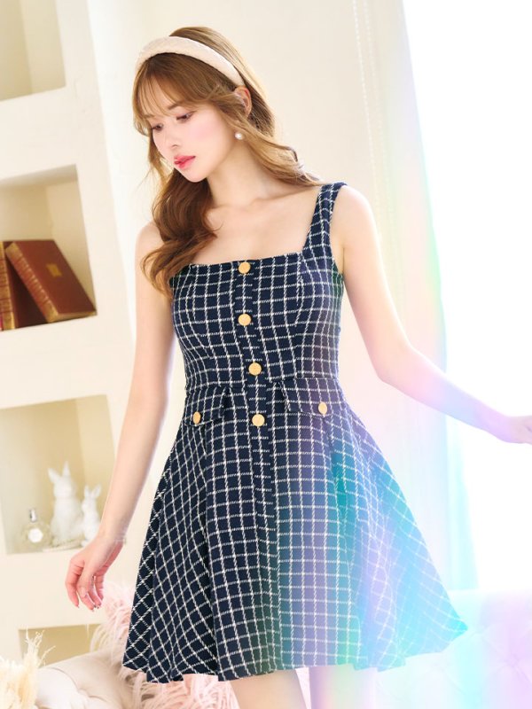 画像11: SALE!チェックドレス/ボタン/ノースリーブ/金ボタン/フレア/Aライン/谷間見せ/背中見せ/ミニドレス/キャバドレス【S-Lサイズ/1カラー】[HC02] 【SB】dzw (11)