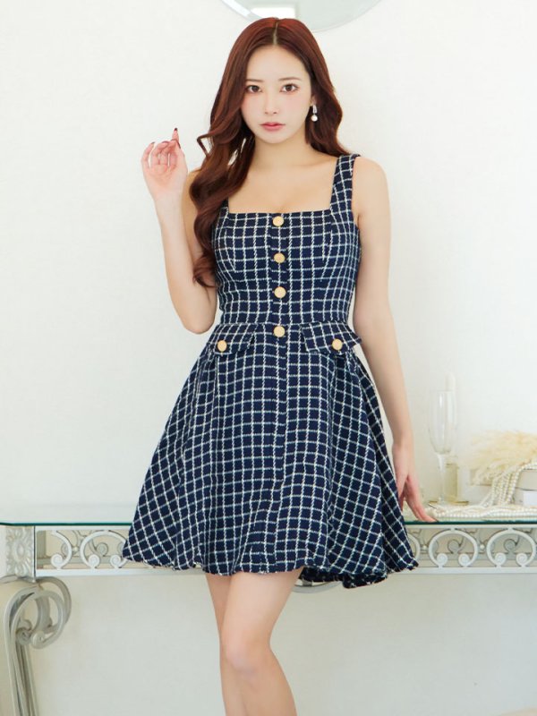 画像3: SALE!チェックドレス/ボタン/ノースリーブ/金ボタン/フレア/Aライン/谷間見せ/背中見せ/ミニドレス/キャバドレス【S-Lサイズ/1カラー】[HC02] 【SB】dzw (3)