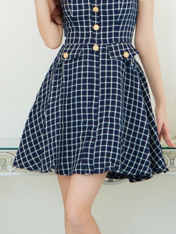 画像15: SALE!チェックドレス/ボタン/ノースリーブ/金ボタン/フレア/Aライン/谷間見せ/背中見せ/ミニドレス/キャバドレス【S-Lサイズ/1カラー】[HC02] 【SB】dzw (15)