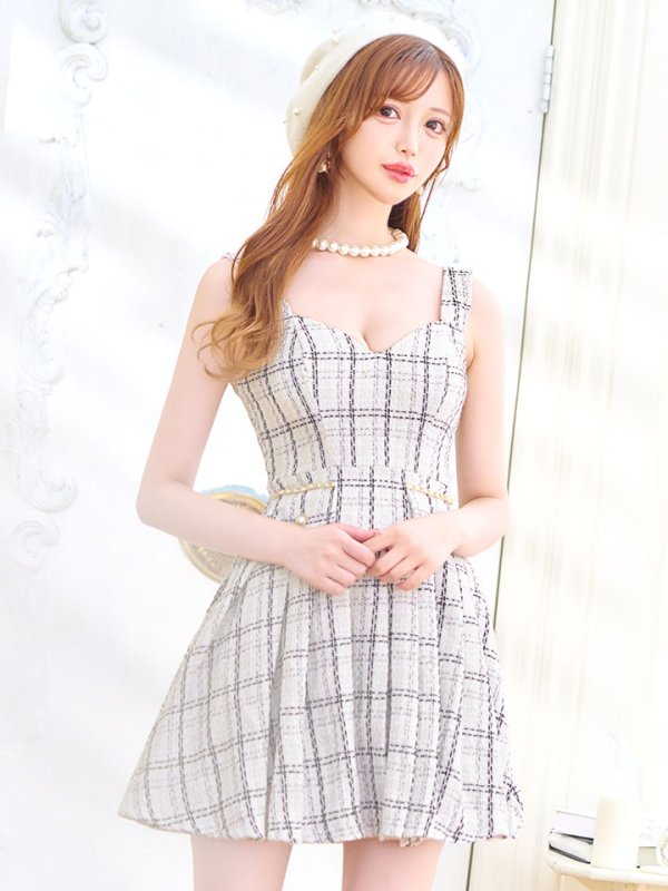 画像4: 新色登場!チェックノースリーブミニドレス/ゴールドチェーン/キャミソール/谷間見せ/フレア/プリーツスカート/ミニドレス/キャバドレス 【XS-XLサイズ/2カラー】[HC02-X] 【SB】dzc (4)