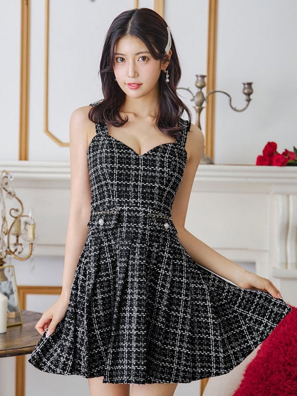 画像1: 新色登場!チェックノースリーブミニドレス/ゴールドチェーン/キャミソール/谷間見せ/フレア/プリーツスカート/ミニドレス/キャバドレス 【XS-XLサイズ/2カラー】[HC02-X] 【SB】dzc (1)