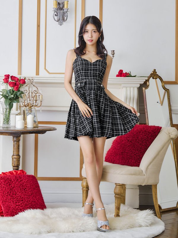 画像9: 新色登場!チェックノースリーブミニドレス/ゴールドチェーン/キャミソール/谷間見せ/フレア/プリーツスカート/ミニドレス/キャバドレス 【XS-XLサイズ/2カラー】[HC02-X] 【SB】dzc (9)