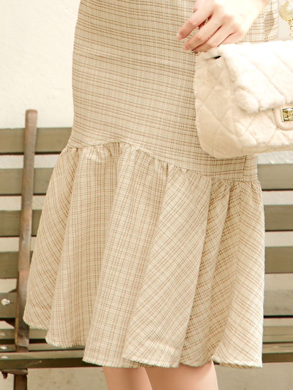 画像6: SALE!【sifeel/シフィール】チェックツイードミディアムワンピースドレス/フロントファスナー/ノースリーブ/ベルト/谷間見せ/マーメイド/キャバドレス/ミディアムドレス【S-Lサイズ/1カラー】[HC02] 【SB】dzw (6)