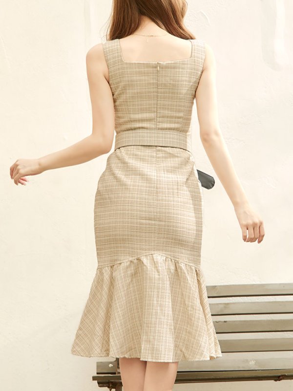 画像7: SALE!【sifeel/シフィール】チェックツイードミディアムワンピースドレス/フロントファスナー/ノースリーブ/ベルト/谷間見せ/マーメイド/キャバドレス/ミディアムドレス【S-Lサイズ/1カラー】[HC02] 【SB】dzw (7)