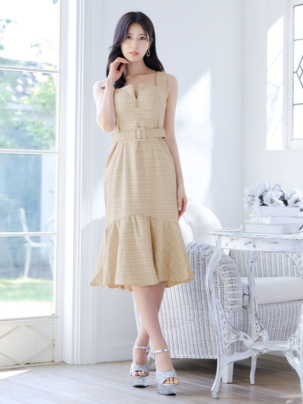 画像4: SALE!【sifeel/シフィール】チェックツイードミディアムワンピースドレス/フロントファスナー/ノースリーブ/ベルト/谷間見せ/マーメイド/キャバドレス/ミディアムドレス【S-Lサイズ/1カラー】[HC02] 【SB】dzw (4)