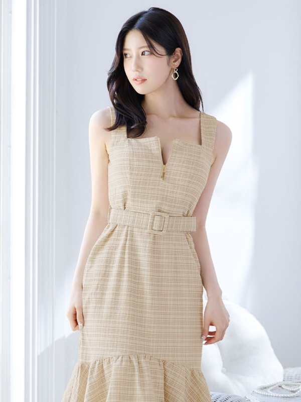 画像5: SALE!【sifeel/シフィール】チェックツイードミディアムワンピースドレス/フロントファスナー/ノースリーブ/ベルト/谷間見せ/マーメイド/キャバドレス/ミディアムドレス【S-Lサイズ/1カラー】[HC02] 【SB】dzw (5)