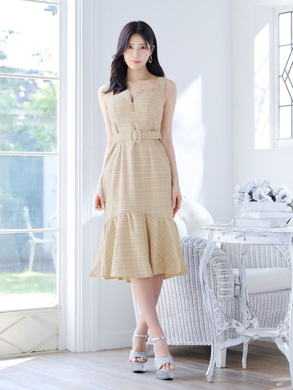 画像11: SALE!【sifeel/シフィール】チェックツイードミディアムワンピースドレス/フロントファスナー/ノースリーブ/ベルト/谷間見せ/マーメイド/キャバドレス/ミディアムドレス【S-Lサイズ/1カラー】[HC02] 【SB】dzw (11)