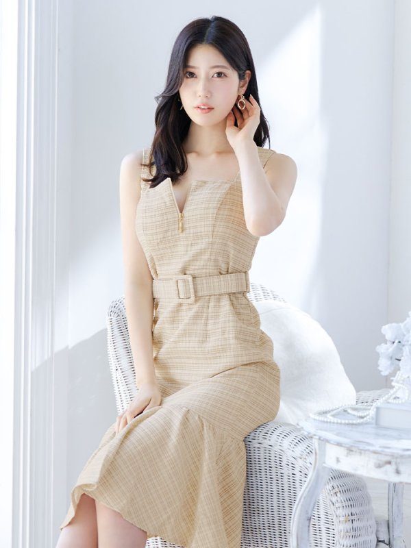 画像12: SALE!【sifeel/シフィール】チェックツイードミディアムワンピースドレス/フロントファスナー/ノースリーブ/ベルト/谷間見せ/マーメイド/キャバドレス/ミディアムドレス【S-Lサイズ/1カラー】[HC02] 【SB】dzw (12)
